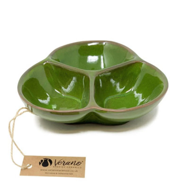 Image of Verano Spanish Ceramics Selena Glazed Hand Dipped Kitchen Dining Snack Trio Dish Medium Dark Green (D) 18Cm