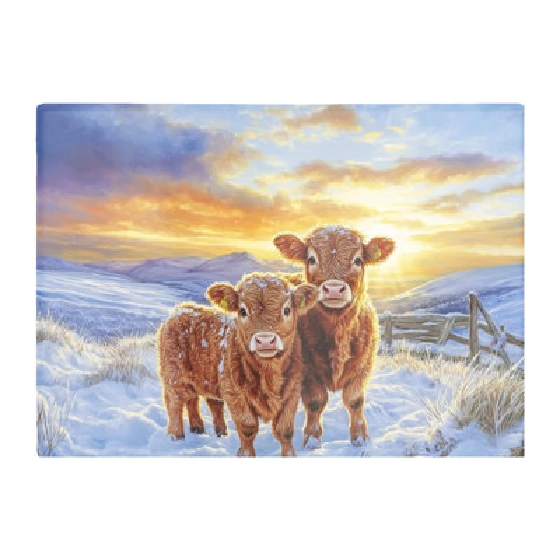 Image of Warren Reed Designer Snowy Baby Highland Cows Glass Chopping Board
