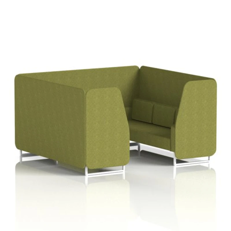 Image of Brixworth 6 Seater Office Booth with Front Panel - White Legs in Rivet Fabric - Olive Panels and Sofa