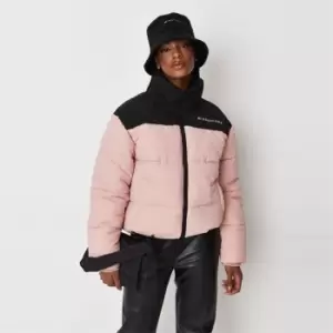 Image of Missguided Branded Colour Block Puffer Coat - Pink