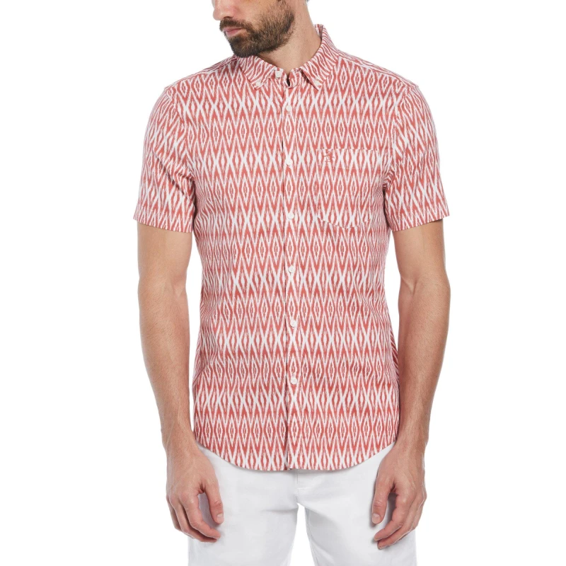 Image of Original Penguin Mens Diamond Pattern Short Sleeve Shirt Mineral Red male Small