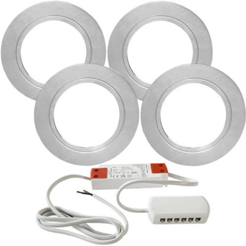 Image of Loops 4x BRUSHED NICKEL Round Flush Under Cabinet Kitchen Light & Driver Kit - Natural White LED Metallics