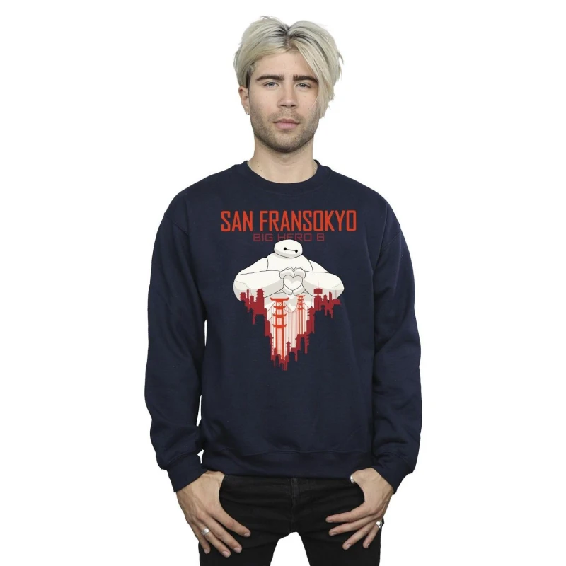 Image of Disney Men Big Hero 6 Baymax San Fransokyo Heart Sweatshirt in Navy Size: Small Navy S Male 5059934882485