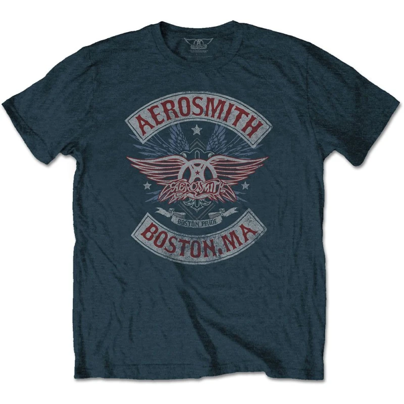 Image of Aerosmith Mens Boston Pride Cotton T-Shirt in Blue Size: Small Blue Male S