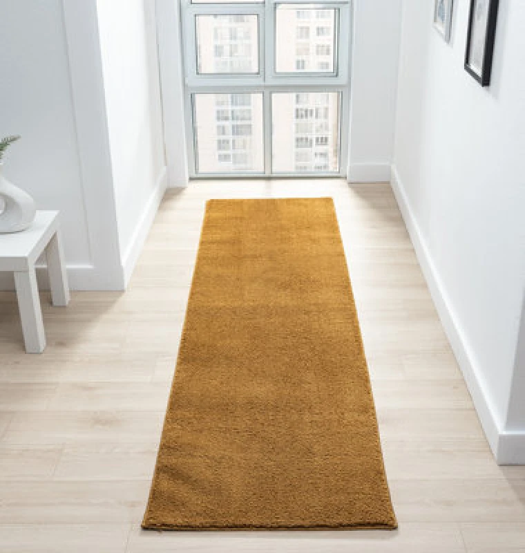 Image of Comfy Washable Low Pile Living Room Area Rug - Anti Slip Felt Backing Gold 60Cm X 200Cm