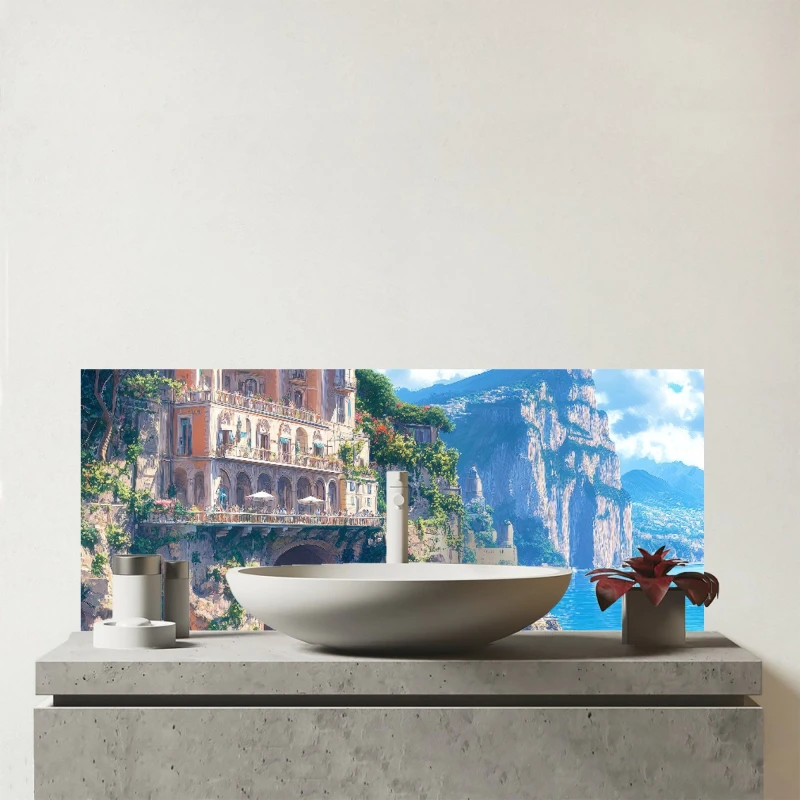Image of Warren Reed - Designer Sorrento By The Sea Glass Bathroom Splashback Multicolor Unisex
