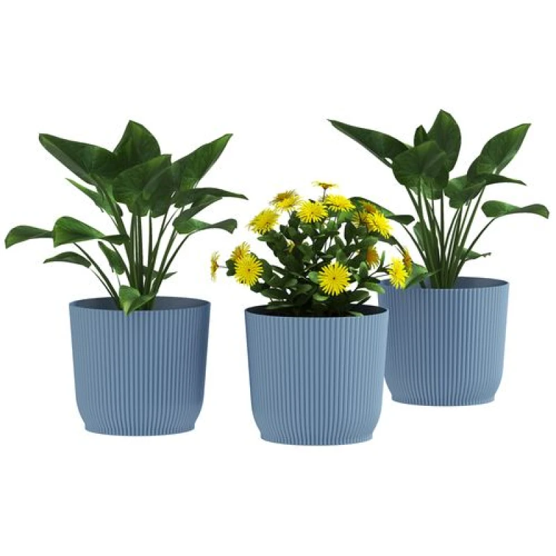 Image of Outsunny Set of 3 Round Plant Pots Outdoor 22cm for Garden Decoration, Blue Bright Blue
