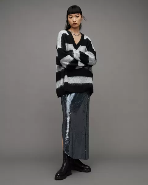 Image of AllSaints Lou Sparkle V-Neck Striped Jumper
