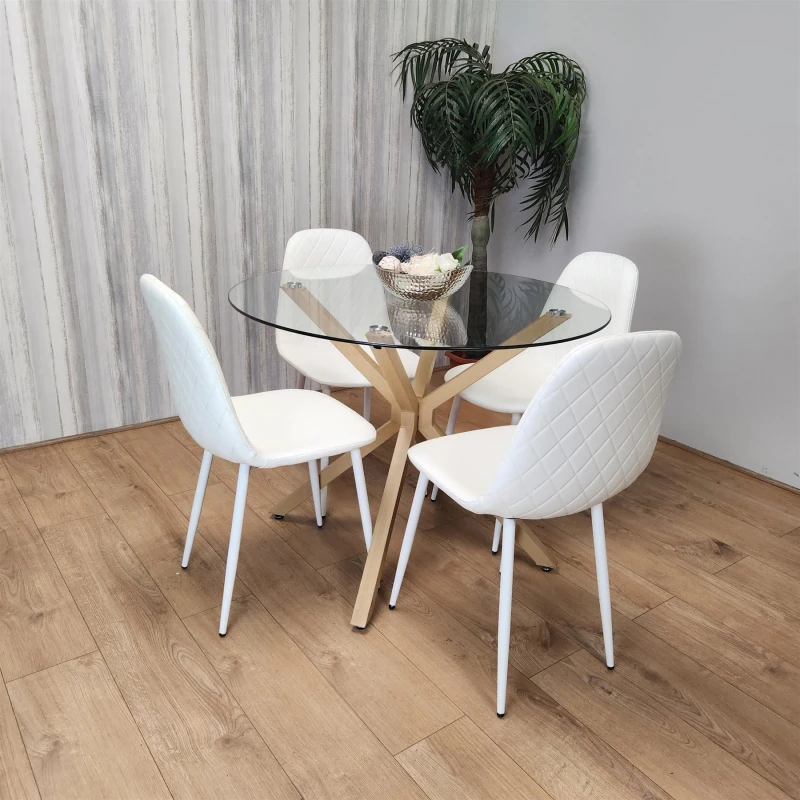 Image of KOSY KOALA KOSY KOALA Clear Glass Round Dining Table with 4 Leather Padded White Gem Chairs Clear One Size Unisex 5060711580395