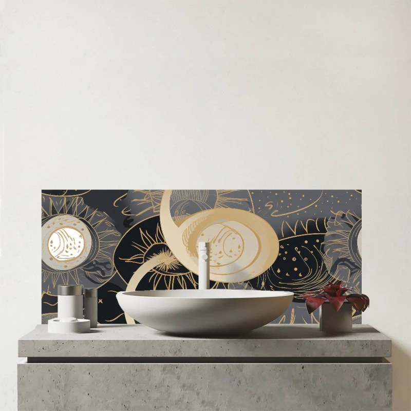 Image of Warren Reed - Designer Abstract Silver Gold Sun & Moon Glass Bathroom Splashback in Grey Grey Unisex