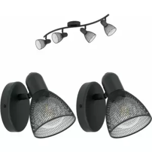 Image of Quad Ceiling Spot Light & 2x Matching Wall Lights Black Mesh Adjusatble Head