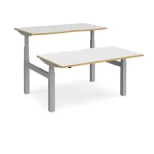 Image of Height Adjustable Desk Back To Back Rectangular Desks 1400mm White/Oak Tops With Silver Frames Elev8 Touch
