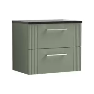 Image of Nuie Deco Satin Green 600mm Wall Hung 2 Drawer Vanity Unit with Sparkling Black Laminate Worktop - DPF893LSB - Satin Green