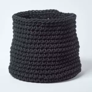 Image of Homescapes - Black Cotton Knitted Round Storage Basket, 42 x 37cm - Black