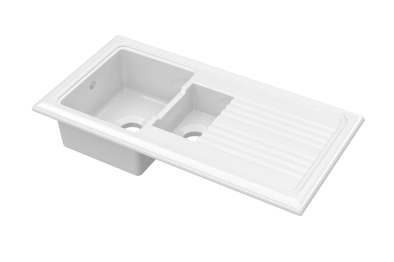 Image of Balterley Fireclay Ceramic 1.5 Bowl Kitchen Sink Grooved Drainer No Waste White