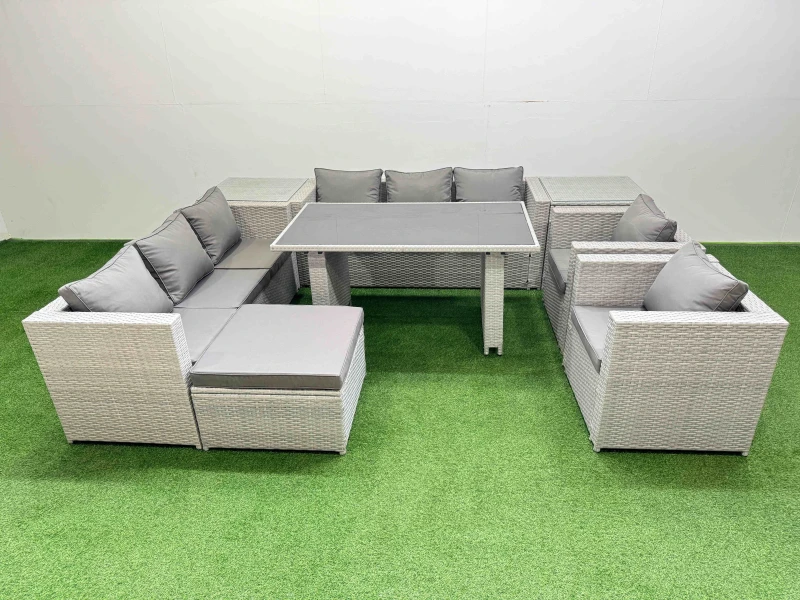 Image of Fimous 9 Seater Outdoor Dining Table 3 Seater Sofa Set 2 Side Table Stool in Light Grey Light Grey Unisex