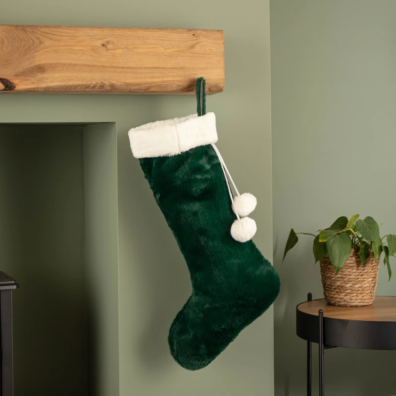 Image of 60cm Green Christmas Stocking with White Cuff and Pom Poms