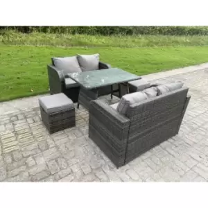Image of Fimous 4 Seater Outdoor Dark Grey Rattan Lounge Complete Sofa Set with Oblong Dining Table and Stool