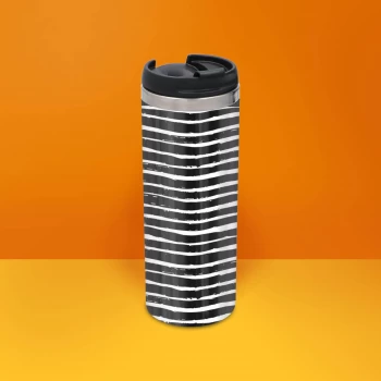 Image of Black White Horizontal Stripe Stainless Steel Travel Mug - Metallic Finish