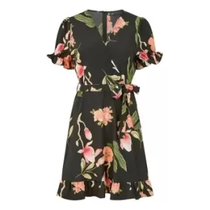 Image of Mela London Black Floral Print Wrap Mini Dress - Black