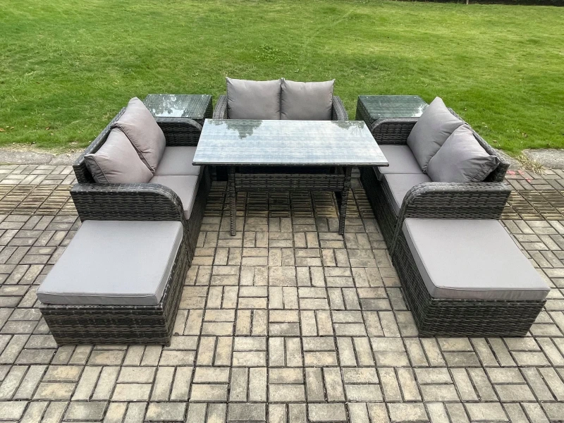 Image of Fimous Outdoor Rattan Garden Furniture Lounge Sofa Set With Oblong Rectangular Dining Table 2 Big Footstool 2 Side Tables in Dark Grey Dark Grey Unise