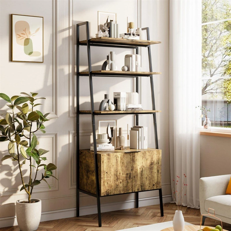 Image of Cottonfy UK Industrial 3-Tier Bookshelf with Cabinet - Brown Brown M