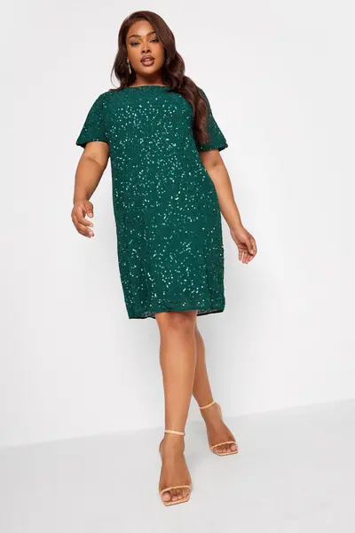 Image of Yours Embellished Shift Dress Bottle Green
