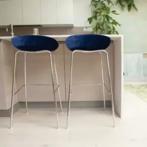 Image of 2x Herschel Velvet Barstool With Metal Legs and Foot Rest, Deep Blue