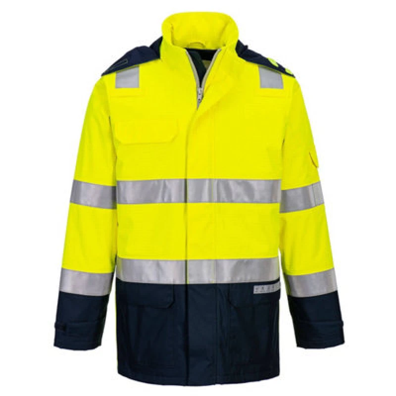 Image of Bizflame Rain Hi Vis Waterproof Light Arc Jacket FR605YNRL Colour: Yellow / Navy