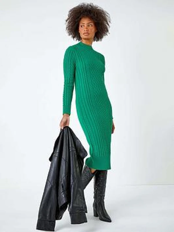 Image of Dusk Dusk Cable Knit Midi Jumper Dress Green