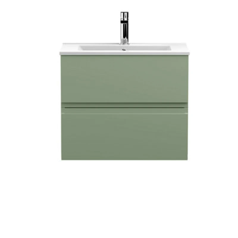 Image of Nuie Hudson Reed Urban Wall Hung 2 Drawer Vanity Unit With Minimalist Ceramic Basin, Modern Bathroom Furniture In Satin Green, 600mm