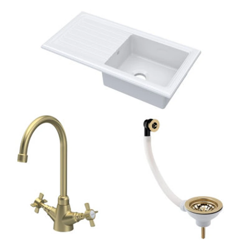 Image of Balterley Fireclay 1 Bowl Sink Drainer Waste Tap 1010mm Brushed Brass Bronze