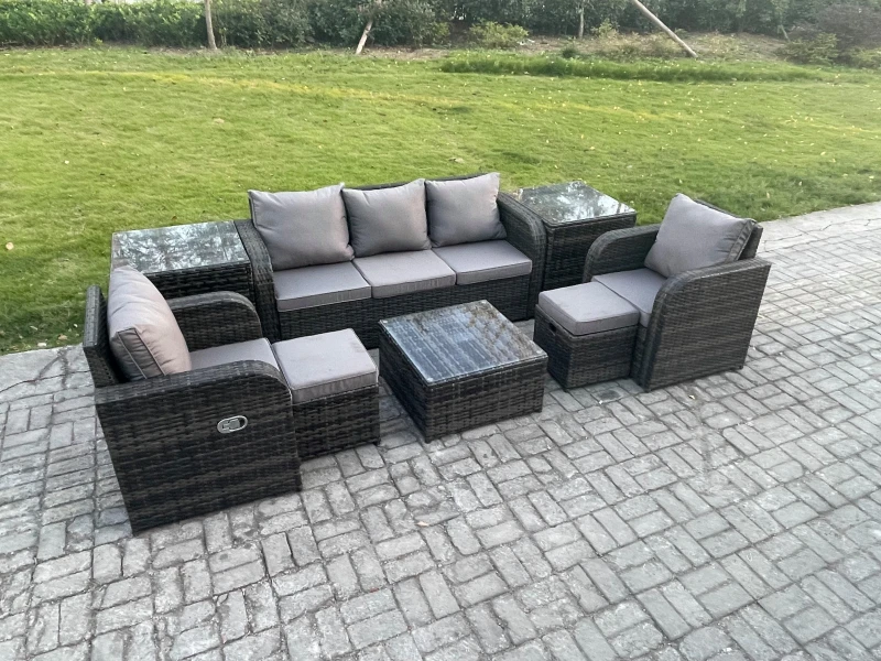 Image of Fimous Patio Garden Furniture Sets Wicker 7 Seater Outdoor Rattan Furniture Sofa Sets with Square Coffee Table 2 Side Tables Dark Grey