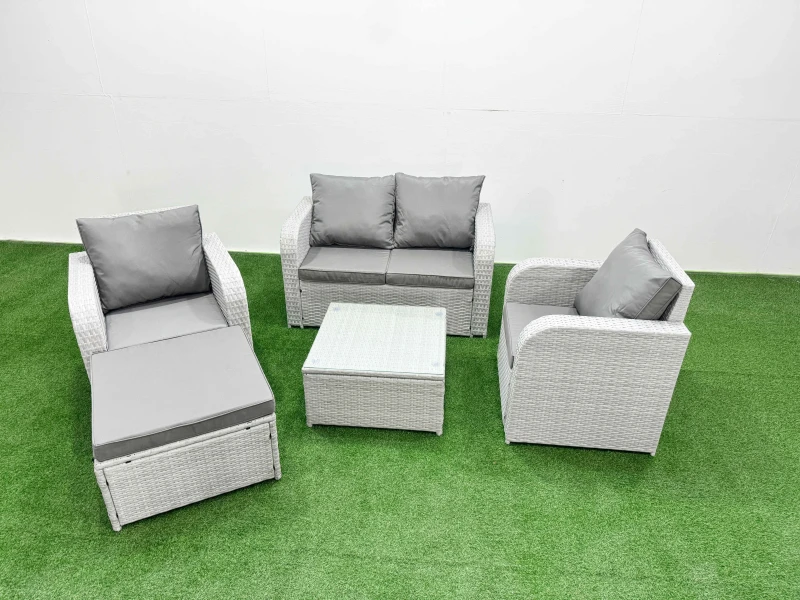 Image of Fimous Light Grey PE Wicker Rattan Garden Furniture Set Sofa Set Reclining Adjustable Chair Square Coffee Table 5 Seater With Footstool Light Grey