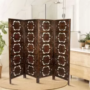 Image of Topfurnishing - 4 Panel Heavy Duty Carved Indian Screen Wooden Swirl Design Screen Room Divider 183x50cm per panel, wide open 202cm [Dark Brown]