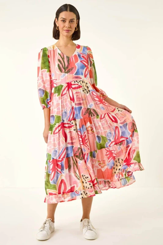 Image of Roman Womens Abstract Print Tiered Dress in Pink Size: 18 Pink Female 18