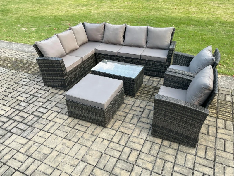 Image of Fimous 9 Seater High Back Outdoor Garden Furniture Set Rattan Corner Sofa Set With Rectangular Coffee Table Big Footstool in Dark Grey Dark Grey Unise