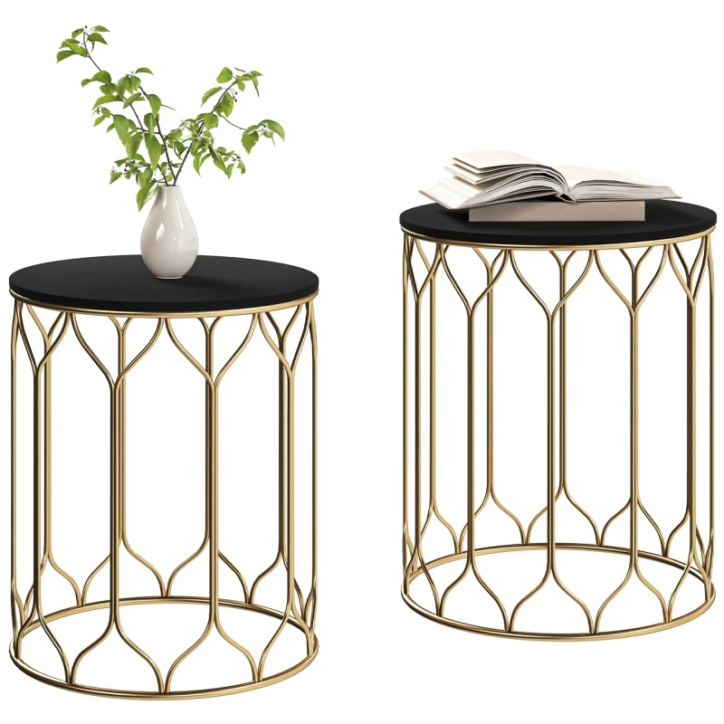 Image of Outsunny Nesting Small Garden Table Set of 2 with Marble Effect Top, Black Jet Black