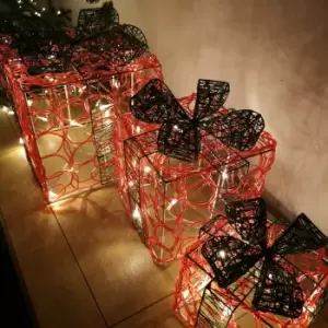 Image of Set of 3 Premier Christmas Lit Acrylic Red & Green Parcels in Warm White LEDs