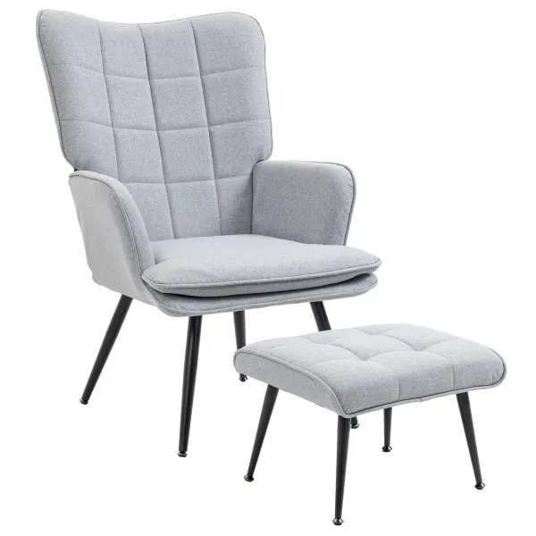 Image of Armchair with Footstool Linen Accent Chair with Steel Legs