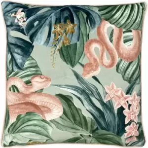 Image of Medinilla Tropical Jungle Print Piped Edge Cushion Cover, Sage/Blush, 43 x 43cm - Furn