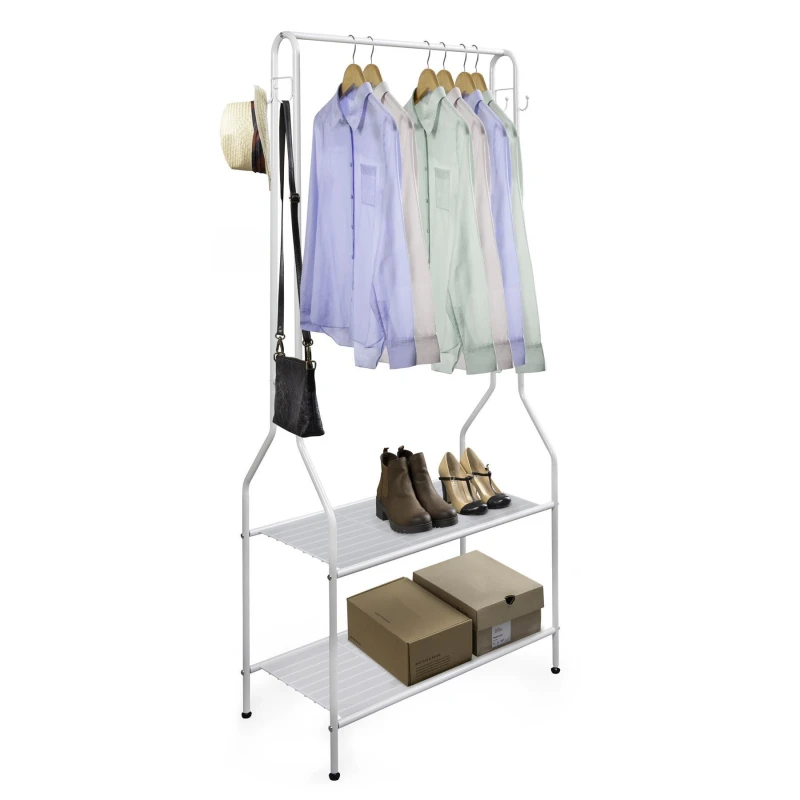 Image of House of Home Clothes Rack Steel White Clothing Rail With Two Shelves Hanging Hooks 5ft Height White unisex