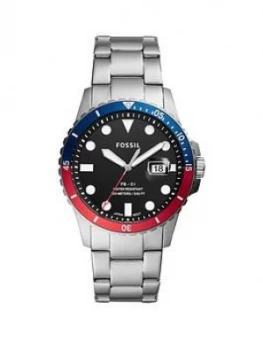Image of Fossil Black Date Dail With Red Blue Bezel And Stainless Steel Bracelet Men Watch