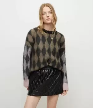 Image of AllSaints Womens Diamond Crew Jumper, Black/sage/pink, Size: M