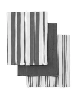 Image of Hometown Interiors Set Of 3 Organic Cotton Striped Tea Towels - Charcoal