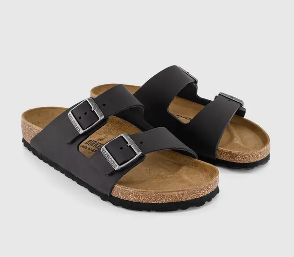Image of Birkenstock Mens Arizona Two Strap Sandals Oiled Black Leather, 10.5