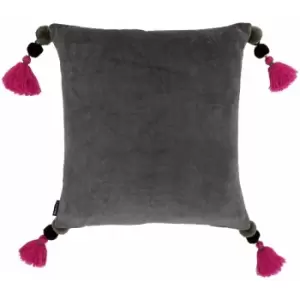 Image of Riva Paoletti - Poonam Faux Velvet Pom Pom Tasselled Cushion Cover, Mink/Damson, 45 x 45 Cm
