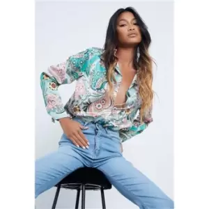 Image of I Saw It First Multi Paisley Scarf Print Satin Shirt - Brown