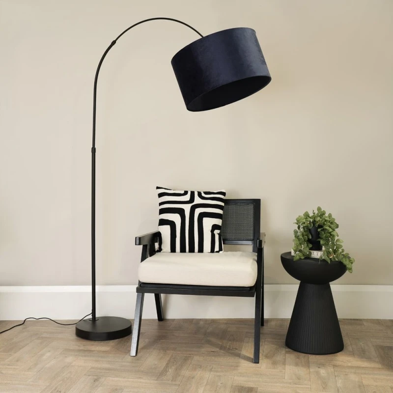 Image of ValueLights Louis Black Arched Curved Floor Lamp with Velvet Drum Lamp Shade Navy