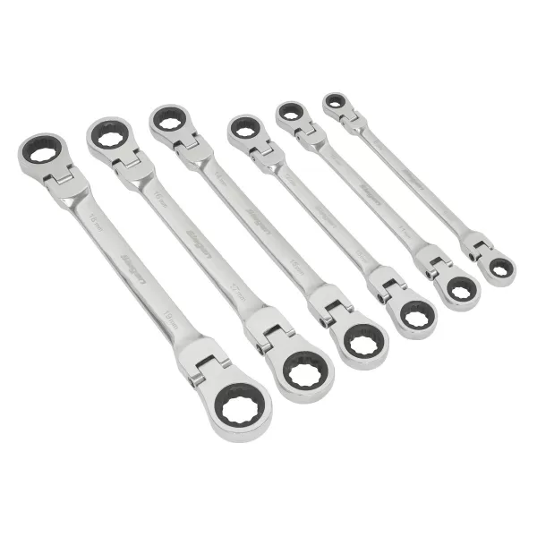 Image of Genuine SEALEY S0806 Flexi-Head Double End Ratchet Ring Spanner Set 6pc Metric